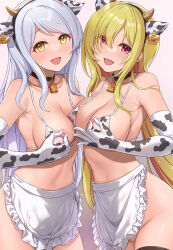 Rule 34 | 2girls, :d, animal ears, animal print, apron, areola slip, bare shoulders, bell, bikini, black hairband, blonde hair, blush, breasts, cleavage, collar, commentary request, cow ears, cow horns, cow print, ear tag, elbow gloves, eve santaclaus, fake animal ears, fake horns, fang, frilled apron, frills, gloves, grey hair, hairband, highres, horns, idolmaster, idolmaster cinderella girls, kurosaki chitose, large breasts, long hair, looking at viewer, mk (mod0), multiple girls, neck bell, nipple stimulation, nipple tweak, nipples, open mouth, print bikini, print gloves, red eyes, sideboob, simple background, smile, swimsuit, thighhighs, very long hair, white apron, yellow eyes