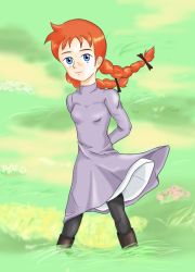 Rule 34 | 1girl, anne of green gables, anne shirley, arms behind back, artist request, black legwear, blue dress, blue eyes, boots, braid, breasts, child, dress, flower, freckles, grass, green background, ponytail, red hair, smile, solo, standing, wind, world masterpiece theater