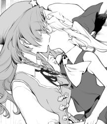 Rule 34 | 2girls, beret, closed eyes, eyes visible through hair, flandre scarlet, from side, greyscale, hair between eyes, hat, hat ornament, highres, hong meiling, kiss, long hair, mob cap, monochrome, multiple girls, one side up, pointy ears, profile, risui (suzu rks), simple background, star (symbol), star hat ornament, touhou, upper body, white background, yuri