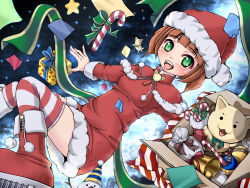 Rule 34 | bell, box, brown hair, candy, candy cane, cat, chibimame, christmas, food, gift, green eyes, hat, idolmaster, idolmaster (classic), santa costume, santa hat, snowman, solo, striped clothes, striped thighhighs, takatsuki yayoi, thighhighs, toy