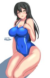 Rule 34 | 1girl, bare shoulders, black hair, blue one-piece swimsuit, blush, breasts, commentary request, competition swimsuit, dated, hair between eyes, highres, kantai collection, kneeling, large breasts, long hair, montemasa, one-piece swimsuit, open mouth, oyashio (kancolle), partial commentary, shadow, simple background, solo, swimsuit, twitter username, white background, yellow eyes