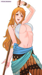 Rule 34 | 1girl, arm up, armlet, armpit crease, bangle, bare shoulders, blue sash, bracelet, breasts, commentary, cosplay, cowboy shot, criss-cross halter, earrings, enel, enel (cosplay), halterneck, highres, holding, holding staff, jewelry, large breasts, light blush, log pose, long hair, looking at viewer, midriff, nami (one piece), navel, one piece, open mouth, orange eyes, orange hair, paid reward available, patreon username, sash, simple background, solo, staff, underboob, uukkaa, wavy hair, white background