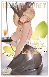 Rule 34 | 1girl, alternate costume, ass, bare shoulders, black choker, black mask, blonde hair, breasts, choker, covered erect nipples, cup, drinking glass, eye mask, flower, genshin impact, half mask, highres, holding, holding tray, hu dako, lace-trimmed eyepatch, large breasts, leaf, leotard, long hair, looking at viewer, lying, mask, mask over one eye, on side, pantyhose, pasties, signora (genshin impact), solo, tray, white leotard