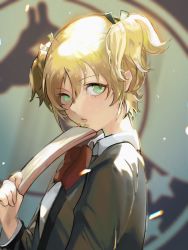 Rule 34 | 1girl, absurdres, blonde hair, blurry, blurry background, bow, bowtie, closed mouth, collared shirt, daiba nana, eyelashes, from side, giraffe (revue starlight), green eyes, green ribbon, grey jacket, hair between eyes, hair ribbon, hand up, helena c l, highres, holding, holding notebook, jacket, light particles, light rays, long sleeves, looking at viewer, looking to the side, notebook, open clothes, open jacket, red bow, red bowtie, ribbon, school uniform, seishou music academy uniform, shirt, short hair, short twintails, shoujo kageki revue starlight, solo, twintails, upper body, white shirt