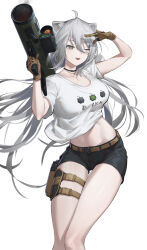 Rule 34 | 1girl, abs, animal ears, black choker, black shorts, breasts, brown gloves, choker, commentary, gloves, glowing, glowing weapon, grey eyes, grey hair, guihuo inferno, highres, hololive, holster, jewelry, large breasts, lion ears, lion girl, long hair, low twintails, messy hair, midriff, narrow waist, navel, necklace, official alternate hair length, official alternate hairstyle, rocket launcher, shirt, shishiro botan, shishiro botan (casual), short shorts, short sleeves, shorts, t-shirt, thigh holster, thigh strap, toned, twintails, virtual youtuber, weapon, white sleeves