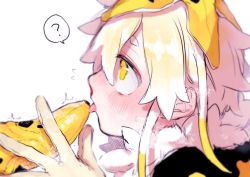 Rule 34 | 1boy, ?, banana, banana peel, blonde hair, blush, food, fruit, highres, licking, object on head, original, profile, sexually suggestive, shinagire, short hair, short hair with long locks, simple background, spoken question mark, tongue, tongue out, white background, yellow eyes