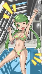 Rule 34 | 1girl, bad id, bad twitter id, bikini, breasts, cameltoe, cleavage, creatures (company), dark-skinned female, dark skin, game freak, green eyes, green hair, highres, homu c, mallow (pokemon), nintendo, pixel art, pokemon, pokemon (anime), pokemon sm (anime), pool, rei no pool, swimsuit