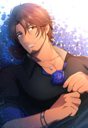 Rule 34 | 1boy, absurdres, belmond banderas, black shirt, blue flower, blue rose, brown eyes, brown hair, choco (chocovix112), collarbone, collared shirt, dress shirt, facial hair, flower, hair between eyes, highres, low ponytail, lying, male focus, nijisanji, on back, parted bangs, parted lips, petals, ponytail, rose, shirt, short sleeves, solo, stubble, thick eyebrows, upper body, virtual youtuber