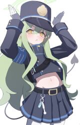 Rule 34 | 1girl, absurdres, belt, black belt, black hat, black jacket, black skirt, black tail, blue archive, buttons, cowboy shot, demon tail, double-breasted, earrings, green hair, green halo, halo, hat, hikari (blue archive), highres, jacket, jewelry, long hair, long sleeves, looking at viewer, open mouth, pantyhose, peaked cap, pleated skirt, pointy ears, sidelocks, simple background, single earring, skirt, solo, tail, white background, white pantyhose, yako mashiro, yellow eyes