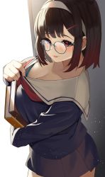 Rule 34 | 1girl, blue bra, blush, bra, breasts, brown hair, cleavage, clothes pull, glasses, highres, large breasts, lips, looking at viewer, mole, original, pulling own clothes, round eyewear, school uniform, shirt pull, short hair, skirt, smile, udon (udonalium), underwear
