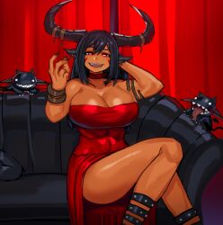 Rule 34 | 1girl, bare shoulders, black hair, black nails, breasts, cleavage, couch, demon girl, dress, ear piercing, ezzydraws, fingernails, highres, horns, large breasts, long hair, looking at viewer, on couch, original, piercing, pointy ears, red dress, red eyes, sharp fingernails, sitting, solo, teeth, upper teeth only