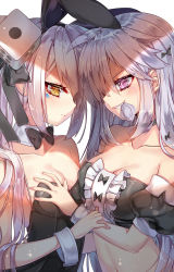 Rule 34 | 2girls, add (elsword), animal ears, bare arms, bare shoulders, bikini, bikini top only, black bikini, black bow, black bowtie, black leotard, black ribbon, blush, bow, bowtie, grabbing another&#039;s breast, breasts, choker, cleavage, collarbone, condom, condom wrapper, detached collar, detached sleeves, dice hair ornament, elsword, eve (elsword), facepaint, fake animal ears, genderswap, genderswap (mtf), grabbing, grin, hair ornament, hair ribbon, highres, large breasts, leotard, long hair, medium breasts, mouth hold, multiple girls, navel, playboy bunny, puffy short sleeves, puffy sleeves, purple eyes, ribbon, short sleeves, silver hair, smile, stomach, strapless, strapless leotard, swimsuit, upper body, very long hair, wataru kuri, wrist cuffs, yellow eyes, yuri