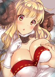 Rule 34 | 10s, 1girl, anila (granblue fantasy), blonde hair, blush, breasts, cleavage, draph, female focus, gloves, grabbing, grabbing another&#039;s breast, granblue fantasy, horns, large breasts, long hair, open mouth, otabe sakura, sheep horns, solo focus, white gloves, yellow eyes