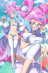 Rule 34 | 1girl, absurdres, bendy straw, bikini, blue bikini, breasts, choker, commission, cup, cure la mer, disposable cup, drink, drinking straw, heart, heart-shaped eyewear, high heels, highres, holding, holding cup, holding drink, jewelry, laura la mer, long hair, multicolored hair, multiple views, nail polish, navel, ogi non, pink eyes, platform footwear, platform heels, precure, seashell, shell, shrug (clothing), skeb commission, small breasts, solo, swimsuit, thighs, toenail polish, toenails, tropical-rouge! precure, tropical drink, two-tone hair