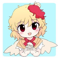 Rule 34 | animal, animal on head, bird, bird on head, bird wings, blonde hair, blush, chick, chicken, facing viewer, feathered wings, held up, highres, multicolored hair, neckerchief, niwatari kutaka, on head, open mouth, orange shirt, red hair, red neckerchief, rei (tonbo0430), shirt, short hair, simple background, smile, tagme, touhou, two-tone hair, upper body, wings, yellow wings