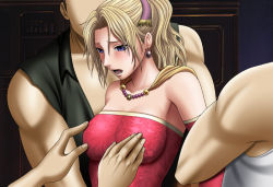 Rule 34 | 1990s (style), 1girl, 3boys, :o, bare shoulders, blonde hair, blue eyes, blush, grabbing another&#039;s breast, breasts, crimson comics, dress, final fantasy, final fantasy vi, grabbing, hetero, imminent rape, jewelry, large breasts, molestation, multiple boys, muscular, necklace, open mouth, red dress, restrained, solo focus, tina branford, wince