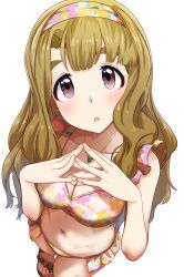 Rule 34 | 1girl, bare shoulders, bikini, blunt bangs, blurry, blush, breasts, cleavage, collarbone, depth of field, floral print, frilled bikini, frills, from above, hairband, hands up, highres, idolmaster, idolmaster million live!, large breasts, light brown hair, long hair, looking at viewer, miyao miya, multicolored bikini, multicolored clothes, navel, open mouth, run p (aveton), sandals, simple background, solo, steepled fingers, swimsuit, thick eyebrows, tongue, white background