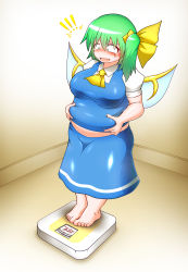 Rule 34 | !, !!, 1girl, ^^^, absurdres, ascot, asheta7, barefoot, belly grab, big belly, blue eyes, blush, breasts, collared shirt, commentary, d:, daiyousei, fairy wings, fat, fat rolls, full body, green hair, highres, large breasts, narrowed eyes, open mouth, pinching, puffy short sleeves, puffy sleeves, shiny clothes, shiny skin, shirt, short hair, short sleeves, side ponytail, skirt, skirt set, solo, sweat, tears, touhou, translated, turn pale, undersized clothes, vest, weighing scale, weight conscious, wings