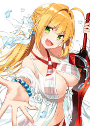 Rule 34 | 1girl, :d, aestus estus, ahoge, bead bracelet, beads, bikini, bracelet, breasts, collarbone, commentary request, fate/grand order, fate (series), green eyes, hair intakes, holding, holding sword, holding weapon, jewelry, large breasts, long hair, looking at viewer, navel, nero claudius (fate), nero claudius (fate) (all), nero claudius (swimsuit caster) (fate), nero claudius (swimsuit caster) (third ascension) (fate), open mouth, simple background, smile, solo, striped bikini, striped clothes, swimsuit, sword, weapon, white background, yon (letter)