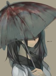 Rule 34 | 1girl, black hair, closed mouth, covered face, dated, grey background, hand up, holding, holding umbrella, long hair, original, rayvon, school uniform, serafuku, short sleeves, simple background, solo, twintails, umbrella, upper body