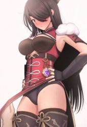 Rule 34 | 1boy, 1girl, armpits, bad id, bad twitter id, beidou (genshin impact), black gloves, black hair, black leotard, black thighhighs, blush, boots, breasts, closed mouth, clothes lift, commentary, elbow gloves, embarrassed, eyepatch, fingerless gloves, fur trim, gem, genshin impact, gloves, hair over one eye, highres, large breasts, leotard, lifting another&#039;s clothes, looking down, mame rakko, pelvic curtain, pelvic curtain lift, red eyes, simple background, solo focus, sweat, tassel, thigh boots, thighhighs, thighs, vision (genshin impact), white background