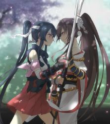 Rule 34 | 10s, 2girls, alternate costume, bare shoulders, black hair, blush, brown hair, cherry blossoms, face-to-face, gloves, headband, japanese clothes, kantai collection, katana, kisetsu, long hair, looking at another, multiple girls, naginata, no headgear, petals, polearm, ponytail, red eyes, smile, sweat, sword, weapon, yahagi (kancolle), yamato (kancolle)