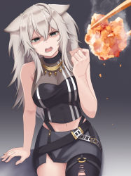 Rule 34 | 1girl, absurdres, ahoge, animal ears, black background, black eyes, black pantyhose, black shirt, black skirt, breasts, chicken (food), chopsticks, cleavage, clenched hand, commentary, cowboy shot, cropped shirt, ears down, fried chicken, glaring, gradient background, grey hair, hair between eyes, highres, hololive, jewelry, karaage, lion ears, lion girl, long hair, medium breasts, micon, midriff, miniskirt, navel, necklace, o-ring, o-ring thigh strap, open mouth, pantyhose, scowl, see-through, see-through cleavage, shaded face, shirt, shishiro botan, shishiro botan (1st costume), simple background, single leg pantyhose, sitting, skirt, sleeveless, sleeveless shirt, solo, steam, striped clothes, striped shirt, sweatdrop, thigh strap, torn clothes, torn pantyhose, vertical-striped clothes, vertical-striped shirt, virtual youtuber, zipper skirt