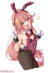 Rule 34 | 1girl, alternate costume, animal ears, blush, bow, bowtie, breasts, brown pantyhose, rabbit hair ornament, covered navel, cowboy shot, crescent, crescent hair ornament, crescent pin, detached collar, ebifurya, fake animal ears, fake tail, gloves, hair between eyes, hair ornament, highres, kantai collection, leotard, long hair, looking at viewer, low-tied long hair, neck ribbon, pantyhose, pink eyes, pink hair, pink leotard, playboy bunny, rabbit ears, rabbit tail, ribbon, simple background, small breasts, solo, strapless, strapless leotard, tail, twitter username, uzuki (kancolle), white background, white gloves, wrist cuffs