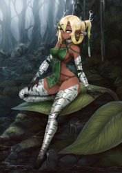 Rule 34 | 1girl, barbariank, black gloves, blonde hair, breasts, commentary, dark-skinned female, dark skin, ear covers, english commentary, forest, full body, gloves, grass, green eyes, green hair, hair between eyes, highres, horns, leaf, looking at viewer, medium breasts, monster girl, multicolored hair, nature, original, outdoors, plant girl, pointy ears, revealing clothes, sitting, solo, symbol-shaped pupils, thick eyebrows, tree, two-tone hair, water