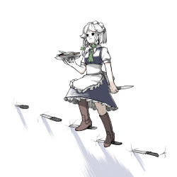 Rule 34 | 1girl, apron, ascot, black eyes, blue dress, boots, bow, braid, brown footwear, dress, full body, green ascot, green bow, highres, holding, holding knife, holding plate, izayoi sakuya, knife, looking ahead, maid, maid headdress, medium hair, peroponesosu., plate, short sleeves, side braids, simple background, solo, stairs, standing, touhou, twin braids, walking, white apron, white background, white hair, white headdress