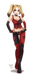 Rule 34 | 1girl, belt, blonde hair, breasts, choker, cleavage, dc comics, harley quinn, knee boots, lipstick, makeup, meago, twintails