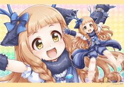 Rule 34 | 1girl, :d, animal ear fluff, animal ears, antlers, argyle, argyle background, argyle clothes, barefoot, blue bow, blue gloves, blue shorts, blue vest, bow, braid, brown eyes, brown hair, commentary request, fur trim, gloves, hair bow, highres, horns, ichihara nina, idolmaster, idolmaster cinderella girls, idolmaster cinderella girls u149, long hair, open mouth, puffy short sleeves, puffy shorts, puffy sleeves, regular mow, shirt, short sleeves, shorts, signature, smile, soles, solo, striped bow, striped clothes, striped vest, twin braids, twitter username, vertical-striped clothes, vertical-striped vest, very long hair, vest, white shirt, zoom layer