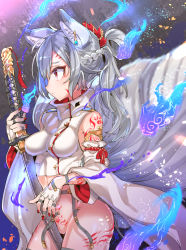 Rule 34 | 1girl, animal ears, between legs, blue fire, bottomless, braid, breasts, closed mouth, cowboy shot, crop top, fingerless gloves, fire, fox ears, from side, gloves, grey hair, half gloves, half updo, holding, holding sword, holding weapon, katana, leg tattoo, long hair, looking to the side, medium breasts, nail polish, original, ponytail, profile, pubic tattoo, red nails, sheath, sheathed, shoulder tattoo, solo, sword, tajima ryuushi, tattoo, turtleneck, weapon, white gloves