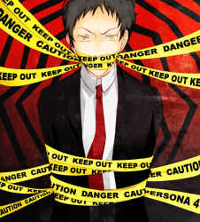 Rule 34 | 1boy, adachi tooru, atlus, black hair, bound, caution tape, formal, keep out, male focus, necktie, persona, persona 4, petit, short hair, solo, spoilers, suit, tied up (nonsexual), yellow eyes