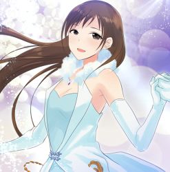 Rule 34 | 10s, 1girl, bad id, bad pixiv id, breasts, brown eyes, brown hair, eko, elbow gloves, gloves, gradient background, holding hands, idolmaster, idolmaster cinderella girls, long hair, looking at viewer, nitta minami, out of frame, pure white memories, small breasts, smile, solo focus