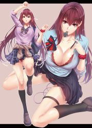 Rule 34 | 1girl, alternate costume, arm up, black bra, black panties, black skirt, black socks, blouse, blue shirt, bow, bra, breasts, brown footwear, cleavage, clothes around waist, collarbone, commentary, condom, condom in mouth, fate/grand order, fate (series), from above, hair intakes, kneehighs, large breasts, leg up, long hair, long sleeves, looking at viewer, mouth hold, multiple views, neckerchief, open clothes, open shirt, panties, pleated skirt, purple hair, purple shirt, red eyes, remote control vibrator, scathach (fate), school uniform, scrunchie, serafuku, sex toy, shirt, sitting, skirt, sleeves rolled up, socks, standing, sweater, sweater around waist, thigh strap, tied sweater, underwear, vibrator, vibrator under clothes, vibrator under panties, wariza, wrist scrunchie, zucchini
