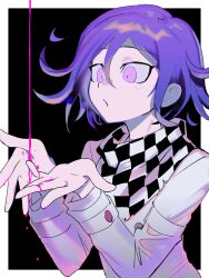 Rule 34 | 1boy, a (poipiku 325815), black background, blood, blood on hands, border, checkered clothes, checkered scarf, commentary request, danganronpa (series), danganronpa v3: killing harmony, hair between eyes, hands up, jacket, long sleeves, male focus, oma kokichi, pink blood, purple eyes, purple hair, scarf, short hair, simple background, solo, straitjacket, upper body, white border, white jacket