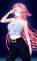 Rule 34 | 1girl, alternate costume, alternate hairstyle, animal ears, bare arms, belt, black belt, black pants, breasts, closed mouth, collarbone, commentary, cowboy shot, crescent, crescent earrings, earrings, english commentary, fox ears, genshin impact, gfriend, glitter, hair ornament, hairclip, hand on own face, highres, jewelry, long hair, lyusiola, medium breasts, midriff, necklace, pants, pink hair, pink nails, purple eyes, sideways glance, solo, standing, tank top, very long hair, white tank top, yae miko