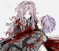 Rule 34 | 2boys, antenna hair, black jacket, black necktie, black pants, blood, blood on clothes, blood on face, bloody knife, chinese commentary, closed eyes, closed mouth, coat, collared shirt, commentary request, earrings, grey coat, guro, hatsutori hajime, highres, holding, holding knife, jacket, jewelry, jiekuijiangshadaonijiamenkou, knife, long hair, long sleeves, male focus, multiple boys, necktie, open clothes, open coat, open mouth, pants, pink hair, purple hair, red eyes, saibou shinkyoku, shirt, short hair, smile, theodore riddle, white shirt