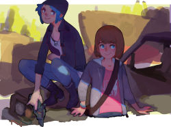Rule 34 | 2girls, beanie, blue eyes, blue hair, brown hair, chloe price, fl (l-fl), gun, hat, jacket, jewelry, junkyard, life is strange, looking at another, looking away, max caulfield, multiple girls, necklace, open clothes, shirt, short hair, smile, weapon