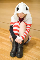 Rule 34 | bike shorts, boots, cat hoodie, character request, cosplay, highres, kikiwan, photo (medium), single thighhigh, source request, striped, thighhighs
