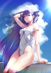 Rule 34 | 1girl, blue eyes, breasts, clothes pull, cloud, collarbone, commentary request, competition swimsuit, covered navel, day, fate/grand order, fate (series), highres, long hair, looking at viewer, meltryllis (fate), one-piece swimsuit, one-piece swimsuit pull, purple hair, sitting, solar (happymonk), solo, sunlight, swimsuit, thighs