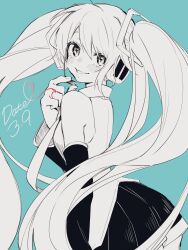 Rule 34 | 1girl, arm at side, bare shoulders, blue background, blush, breasts, dated, detached sleeves, earpiece, english text, female focus, from behind, greyscale with colored background, grin, hair between eyes, hair ornament, hand up, happy, hatsune miku, headphones, heart, heart of string, highres, long hair, long sleeves, looking at viewer, looking back, miku day, miniskirt, monochrome, nose blush, nuruko (nuru55555), pleated skirt, shirt, sidelocks, simple background, skirt, sleeveless, sleeveless shirt, small breasts, smile, solo, standing, teeth, twintails, very long hair, vocaloid