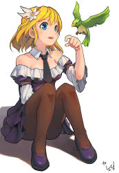 Rule 34 | 1girl, :d, bare shoulders, bird, black necktie, blonde hair, blue eyes, blush, breasts, detached collar, dress, female focus, flower, frilled dress, frills, hair flower, hair ornament, happy, highres, knees up, looking at another, neck, necktie, off-shoulder dress, off shoulder, open mouth, original, pantyhose, purple dress, segamark, shadow, shoes, short hair, sitting, small breasts, smile, solo