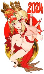 Rule 34 | 1girl, 2024, absurdres, ahoge, bare shoulders, barefoot, bikini, blonde hair, body writing, braid, breasts, criss-cross halter, crown, facial mark, fate/grand order, fate (series), french braid, full body, hair bun, hair intakes, hair ornament, hair ribbon, halterneck, highres, long hair, looking at viewer, navel, nero claudius (fate), nero claudius (fate) (all), open mouth, outstretched arm, pointy ears, queen draco (fate), red bikini, red eyes, red ribbon, ribbon, small breasts, solo, swimsuit, translation request, wr (karakusa senbei)