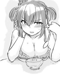 Rule 34 | 1girl, absurdres, alternate costume, alternate hairstyle, bare shoulders, bikini, bikini top only, blush, bowl, breasts, cleavage, commentary, frown, greyscale, hair between eyes, hair ornament, highres, holding, holding spoon, kantai collection, large breasts, looking at viewer, medium hair, monochrome, poyo (hellmayuge), shadow, short twintails, sidelocks, solo, spoon, sweat, swimsuit, twintails, yamashiro (kancolle)