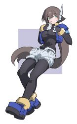 Rule 34 | 1girl, aile (mega man zx), black bodysuit, black shorts, blue footwear, blue jacket, blush, bodysuit, bodysuit under clothes, breasts, brown hair, cropped jacket, drinking, drinking straw, drinking straw in mouth, full body, green eyes, highres, huanxiang huifeng, jacket, large breasts, long hair, mega man (series), mega man zx, mega man zx advent, open clothes, open jacket, ponytail, robot ears, shoes, shorts, simple background, solo, white background