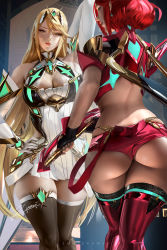 Rule 34 | 2girls, aegis sword (xenoblade), artist name, ass, back, bare shoulders, black gloves, blonde hair, blush, breasts, chest jewel, cleavage, cleavage cutout, clothing cutout, dress, dual persona, earrings, elbow gloves, female focus, fingerless gloves, gloves, jewelry, large breasts, looking at viewer, looking back, matching hair/eyes, multiple girls, mythra (xenoblade), pyra (xenoblade), red eyes, red hair, red shorts, short dress, short hair, short shorts, shorts, signature, swept bangs, thighs, tiara, white dress, white gloves, xenoblade chronicles (series), xenoblade chronicles 2, yellow eyes, zumi (zumidraws)