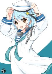 Rule 34 | 1girl, adapted costume, aqua neckerchief, artist logo, black ribbon, blue background, blue hair, blue sailor collar, chize, dixie cup hat, double bun, dress, fang, hair bun, hat, hat ribbon, kantai collection, long sleeves, looking at viewer, military hat, neckerchief, open mouth, red eyes, ribbon, sailor collar, sailor dress, samuel b. roberts (kancolle), short hair, sleeve cuffs, smile, solo, two-tone background, white background, white dress, white hat