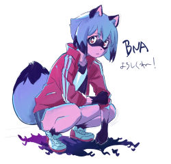 Rule 34 | 1girl, animal ear fluff, animal ears, backlighting, bad id, bad twitter id, bare legs, blue hair, blunt ends, body fur, brand new animal, bright pupils, brown eyes, clenched hands, collarbone, copyright name, eyebrows, from side, full body, furry, furry female, hand up, jacket, kagemori michiru, long sleeves, looking at viewer, multicolored hair, official art, open clothes, open jacket, parted lips, popped collar, raccoon ears, raccoon girl, raccoon tail, raised eyebrow, red jacket, shoes, short hair, shorts, simple background, sneakers, snout, solo, squatting, tail, takeda naoki, tareme, track jacket, trigger (company), two-tone footwear, two-tone hair, white background, white footwear, white pupils